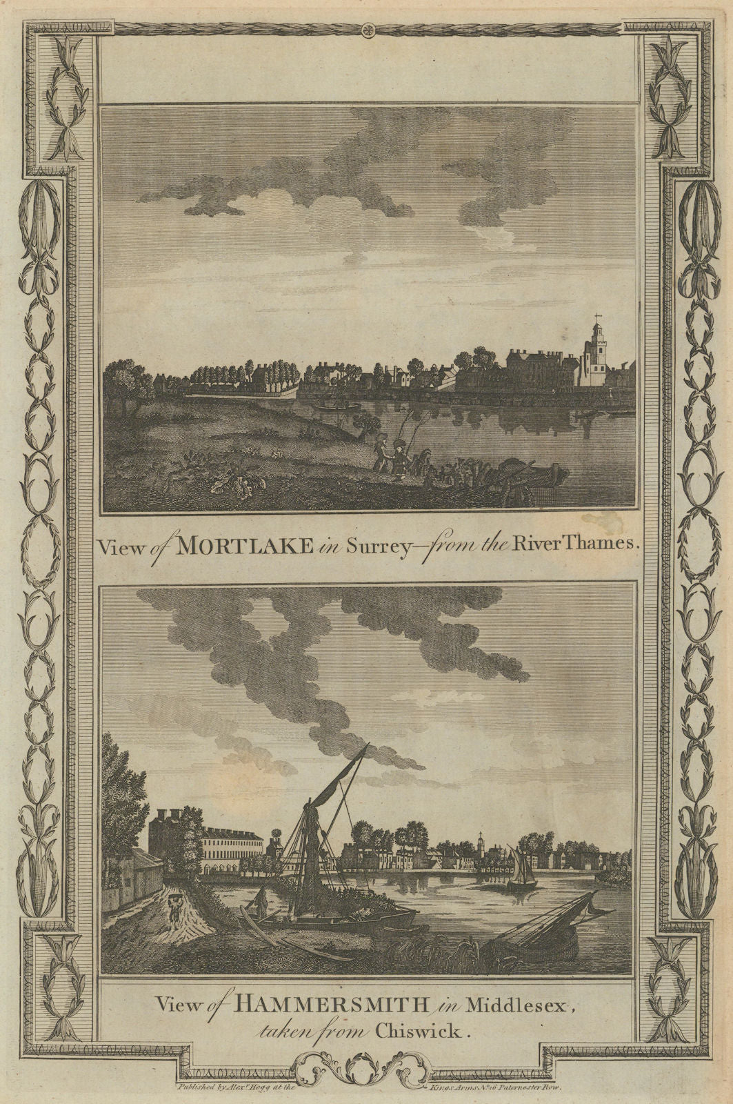 View of Mortlake, from Dukes Meadows. Hammersmith, from Chiswick. THORNTON 1784